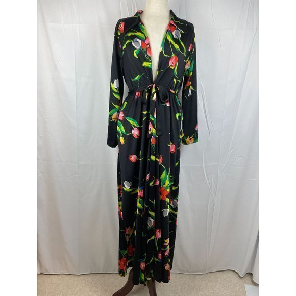 Vintage Other - Vintage 60s 70s Komar Black Tulip‎ Floral Print Satin Polyester Robe Large